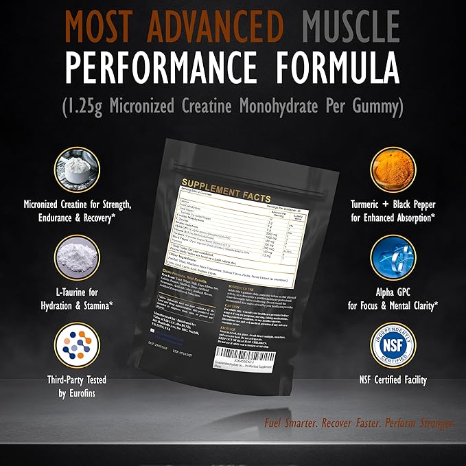 Creatine Monohydrate Gummies for Men & Women - Sugar Free & Vegan Advanced Formula W/L-Taurine + Vitamin B12 - for Muscle Strength, Muscles Builder, Recovery, Energy Boost, Pre-Workout Supplement