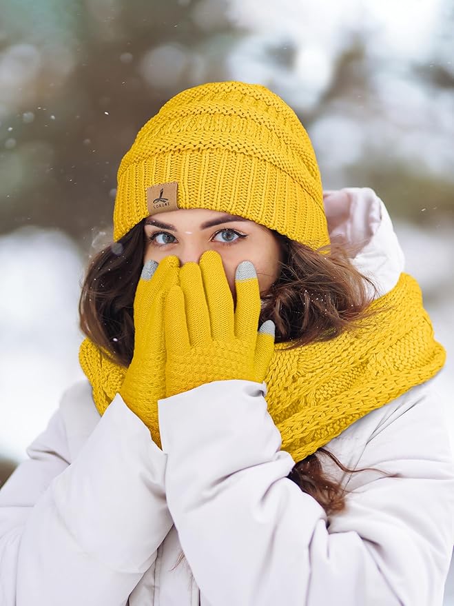 Winter Beanie Hat Scarf Gloves, Warm Fleece Knit Hats Touch Screen Gloves Neck Scarf Set Winter Gifts for Unisex Adult