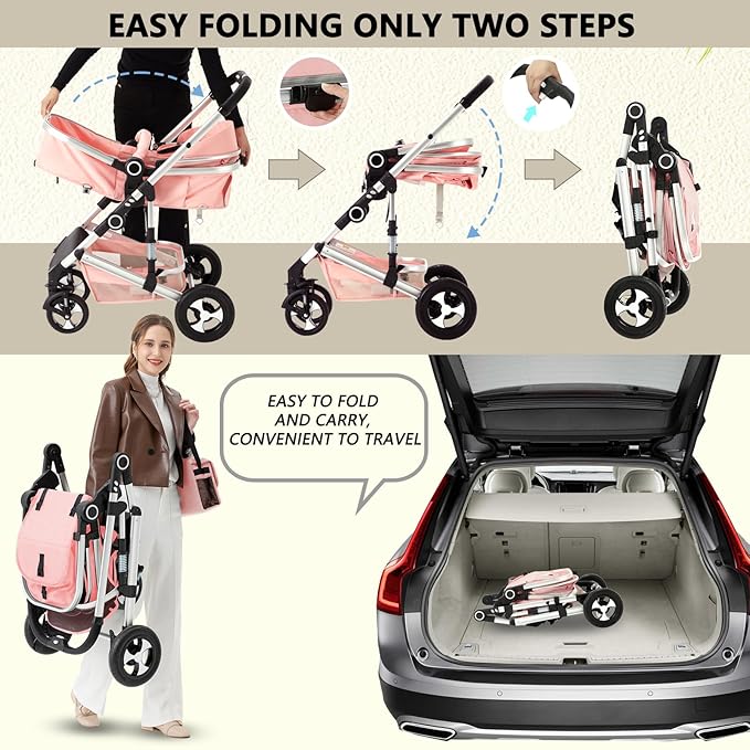 Kinder King 2 in 1 Convertible Baby Stroller, Folding High Landscape Infant Carriage, Newborn Reversible Pram, Adjustable Canopy, Diaper Bag, Pink
