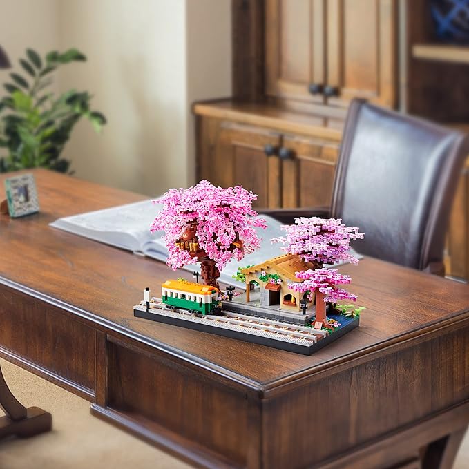 Architecture, Japanese Sakura Tree Class Train Station Cherry Blossom Tree Building Block Model Kit 3668 PCS for Adults and Kids, Classical Building Micro Blocks Set,Mini DIY Assembly Toy