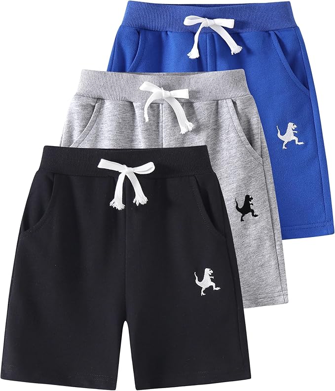 3-Pack Toddler Boys' Cotton Athletic Shorts with Pockets Pull-On Design Active Dinosaur Embroidery, Soft and Breathable