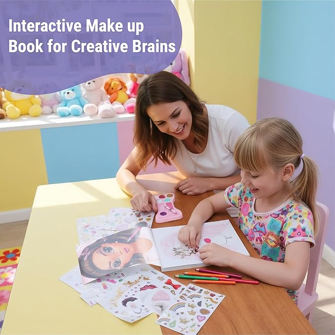 BSCOOL Make-up Artist. 3 in 1 Fun Makeup, Sticker, Coloring Kit, Includes Color Pencils, Makeup Palette, and 200+ Stickers. for Girls Ages 5,6,7,8. Gift for Girls