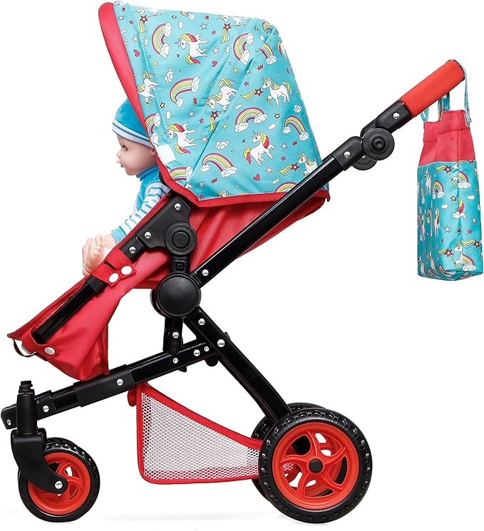 NEW - Fash n kolor® Baby Doll Stroller, Foldable Pram for Baby Doll - Cute Unicorn Design Doll Toy Stroller with Swiveling Wheel, Adjustable Handle, Gift for Kids - 2023 Limited Edition