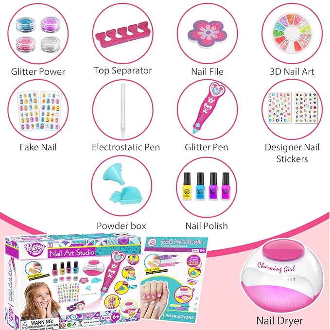 BATTOP Kids Nail Polish Set for Girls, Nail Art Kits with Nail Dryer & Glitter Pen, Quick Dry & Peel Off & Non-Toxic Nail Polish, Christmas Birthday Gifts for Girls Ages 6 7 8 9 10 11 12