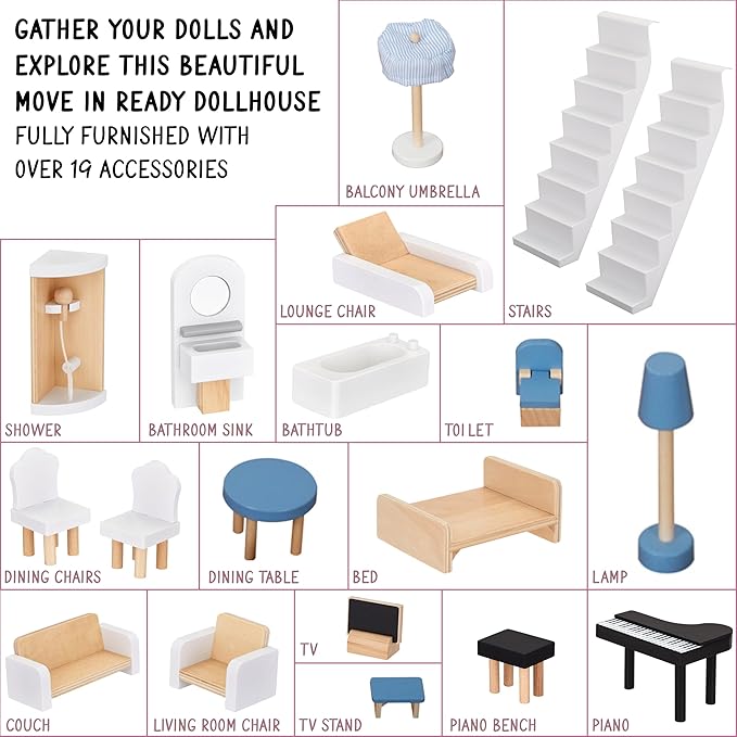 Lil' Jumbl Kids Wooden Dollhouse, 17-Piece Accessories & Furniture are Included, with Balcony & Stairs, 3 Story Easy to Assemble Doll House Toy - Blue