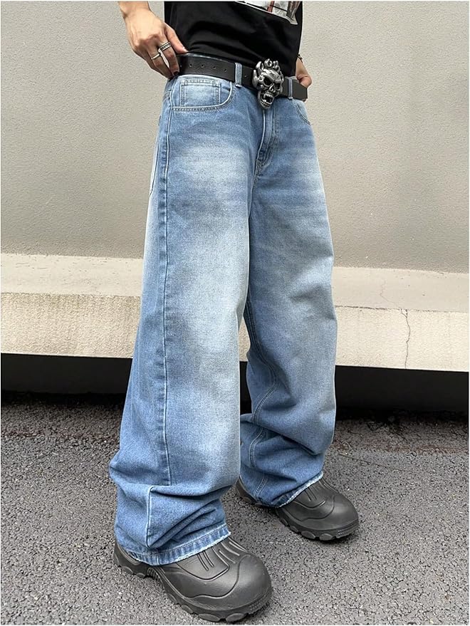 SHENHE Men's Wide Leg Jeans Vintage Baggy Jeans Casual Loose Fit Denim Pants with Pockets