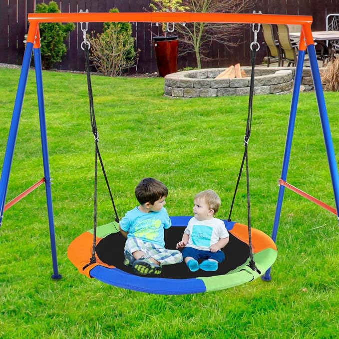 RedSwing 43" Flying Saucer Tree Swing for Kids Outdoor, Waterproof Large Round Swings Seat with Adjustable Hanging Straps for Backyard Outdoor Indoor Playground, Green Orange Blue