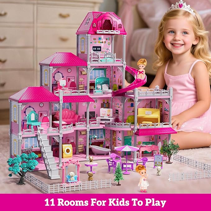 Villa Playset for Girls Ages 3-7, Indoor Playset Girls Toys for Ages 6-8 with 4 Storeys 11 Rooms 2 Dolls, Furniture and Accessories, Pretend Toddler Toy, Birthday Gifts for Kids 3 4 5 6 7 8