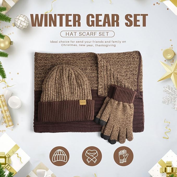 Men's Winter Hat Scarf Gloves Set, 3 PCS Warm Beanie Long Scarf Fleece Lined Touchscreen Gloves for Cold Weather