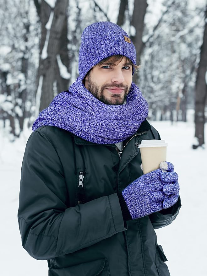 3 PCS Winter Hat Scarf Gloves Set, Soft Warm Knit Beanie Hat Touchscreen Gloves Long Knitted Scarf Set Winter Gifts for Men