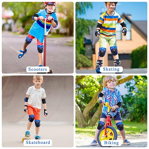FIODAY Knee Pads for Kids Dinosaur Knee Elbow Pads Wrist Guards with Drawstring Bag Adjustable 7 in 1 Protective Gear Set for Boys Inline Skating Bike Cycling Skateboard Scooter, 3-8 Years, Blue