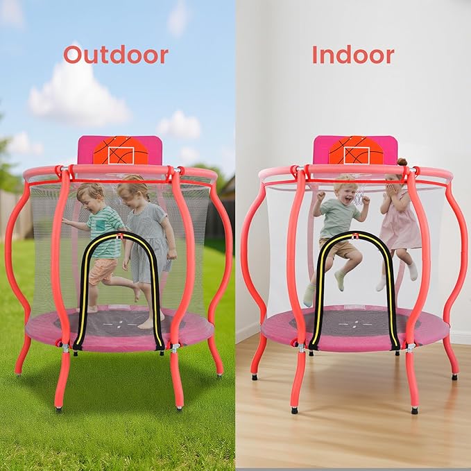OLAKIDS 48’’ Trampoline for Kids, Outdoor Indoor Toddler Trampoline with Safety Enclosure Net Basketball Hoop Anti-Slip Foot Pads Zippered Door, Baby Recreational Trampolines Gift for Backyard