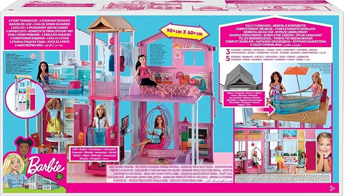 Barbie 3-Story Townhouse Dollhouse with Elevator, Swing Chair, Furniture and Accessories, Fold for Portability and Travel