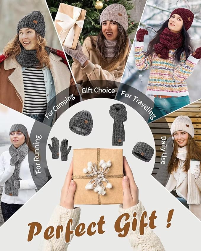 Women Beanie Scarf Gloves Headband Set, Chenille Winter Hats Fleece Lined Ear Warmer Knit Scarf Touchscreen Gloves 4 Gift Set