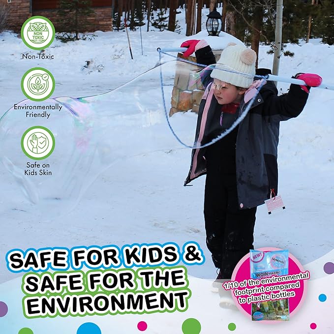 WOWMAZING Giant Bubble Kit Winter – Bubble Wand, 2 Big Bubbles Mix Pouches, 8 Cold-Activated Stickers for Outdoor Winter Fun |Bubbles Made in USA