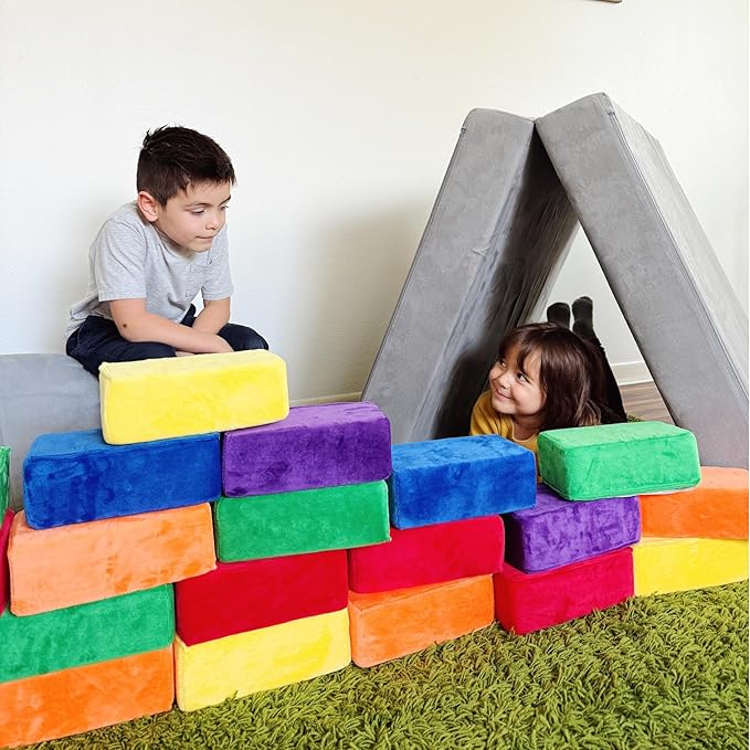 The Original Premium Plush Building Block for Kids - Certified Safe Foam Blocks in Luxuriously Soft Fabric Covers - Set of 24 (Classic Colors)