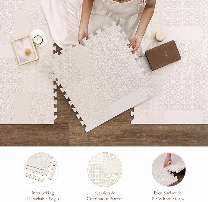 Popsykosy Premium Exercise & Baby Foam Play Mats - Stylish & Large Non-Toxic Puzzle Floor Mat - 6 Tiles - Spacious 6ft x 4ft - Peel-Resistant Reinforced Version - Soft, Thick, Waterproof -Totem Beige