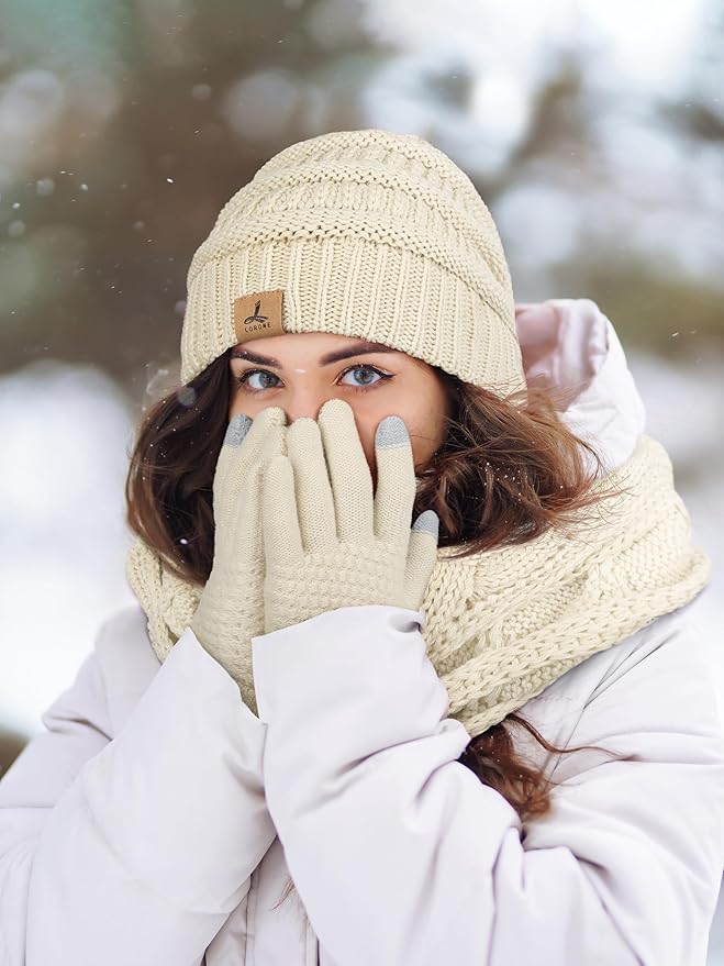 Winter Beanie Hat Scarf Gloves, Warm Fleece Knit Hats Touch Screen Gloves Neck Scarf Set Winter Gifts for Unisex Adult