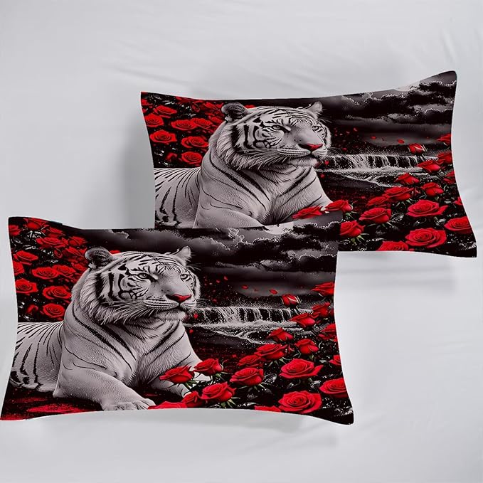Rose Tiger Sheets Set Full/Queen Black and Red 3D Tiger Print Bedding Set for Boys Girls Women and Men Animal Print Bed Set with 1 Flat Sheet 1 Fitted Sheet and 2 Pillowcases