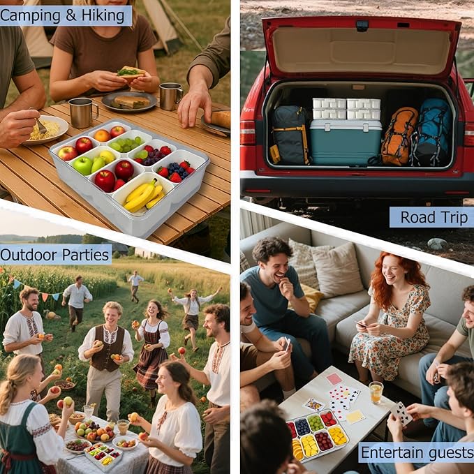 Portable Snackle Box Container with Ice Pack, Snack Containers with Lid & Handle, 8 Compartments Snack Box with Fork & Spoon, Fruit Platter Tray for Parties, Outdoor Picnic, Keep Food Cold