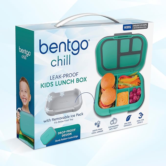 Bentgo Chill Kids Leak-Proof Lunch Box - 4-Compartment Bento Box with Built-In Ice Pack, 3.3 Cup Capacity, PFAS & BPA-Free, Microwave & Dishwasher Safe, Ideal Size for Ages 3 to 7 (Electric Aqua)