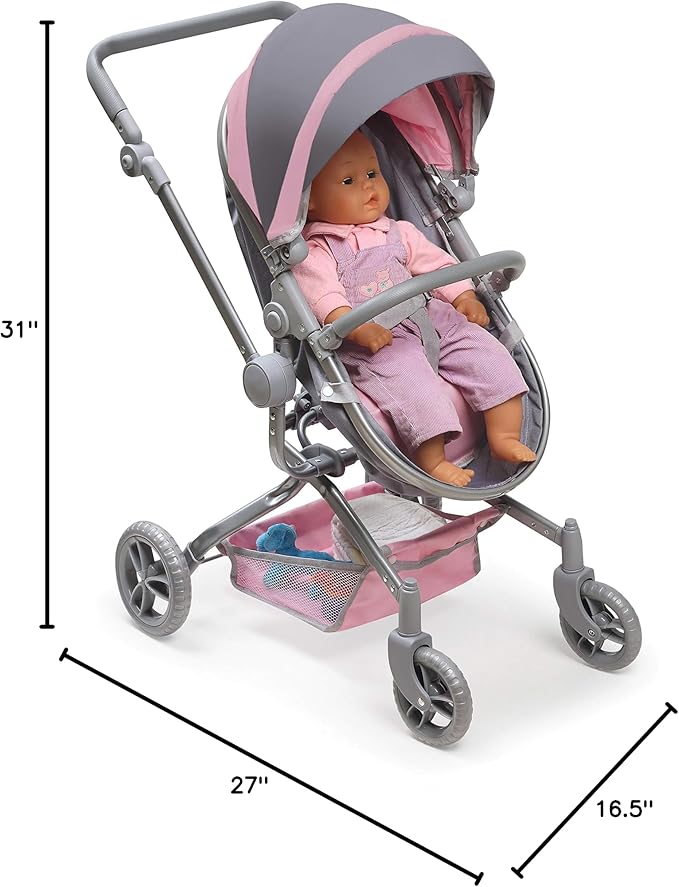 Badger Basket Foldable Doll Stroller & Pram for Dolls - Convertible Toy with Canopy, Basket & Soft Handle - Lightweight, Easy to Use for Girls Ages 3+- Gray/Pink
