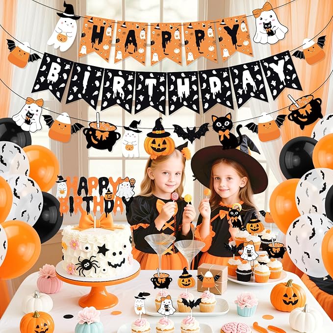 Orange Black Halloween Happy Birthday Decor Cute Ghost Banner Cake Topper Balloons for Halloween Theme Birthday Party The Spooky One Little Boo Happy Boo Day Party Supplies
