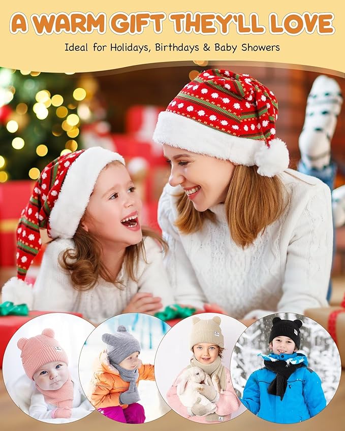 Baby Beanie Mittens Scarf Set,Toddler Infant Kids Winter Hat with Bear Ear Thermal Gloves Neck Warmer Set for Girls Boys