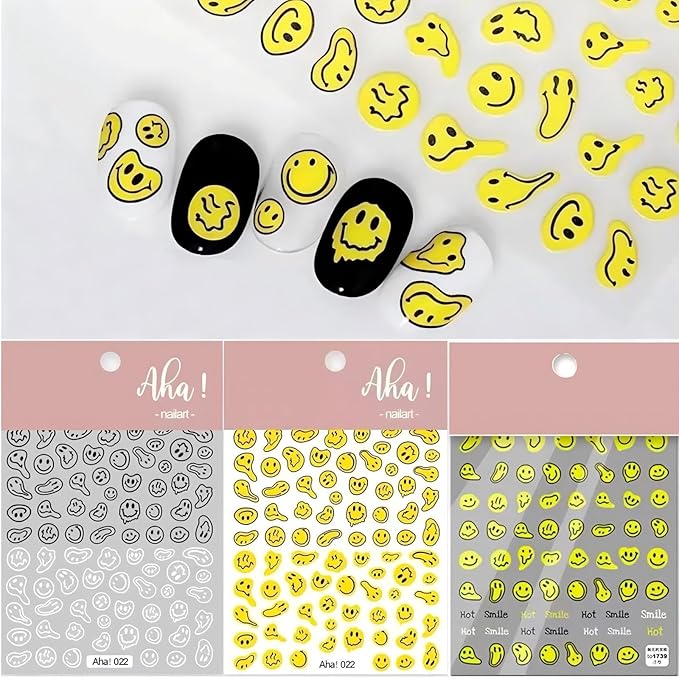Dedyel Smile Nail Art Stickers 5D Embossed Cute Smile Face Kawaii Self-Adhesive Nail Stickers for Women Girls Kids Nail Art Decoration