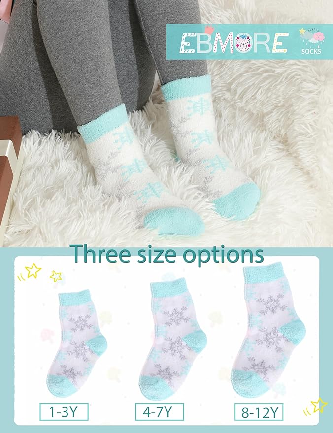 EBMORE Girls Kids Toddler Fuzzy Socks with Grips Non Slip Slipper Socks Crew Cabin Cozy Fluffy Warm Winter Socks 6 Pairs