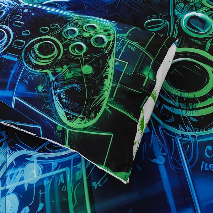 A Nice Night 5Pcs Gaming Comforter Set,Blue Green 3D Game Contoller Themed Keyboard Printing Bedding Sets for Kids Teen Boys, Reversible Comforter for All Seasons,Twin