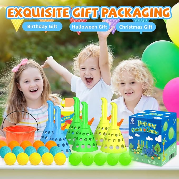 punkdog Pop and Catch Ball Game with 15 Ping Pong Balls, 5 Glow Balls and 6 Catch Launcher Baskets - Outdoor Indoor Game, Christmas Easter Party Favors Gifts Toys for Kids and Adults