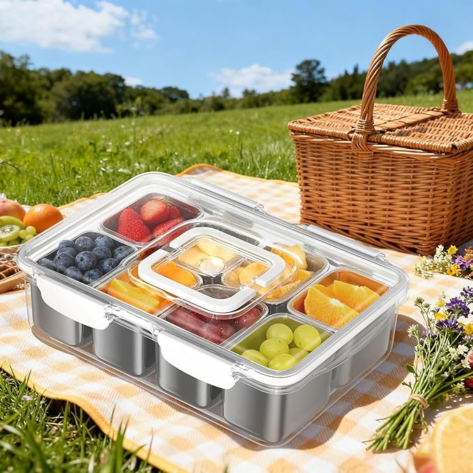 Snackle Box Container, Stainless Steel Divided Serving Tray with Handle and Lid,4 Compartment Leakproof Portable BPA-Free Snack Box For Fruits&Veggies, Keep Food Fresh & Organized, Ideal for Outdoor