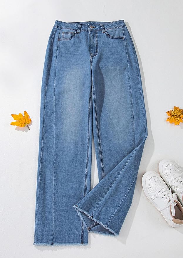 PRETTYGARDEN Wide Leg Jeans for Women Trendy 2025 High Waisted Stretchy Baggy Raw Hem Denim Palazzo Pants with Pockets