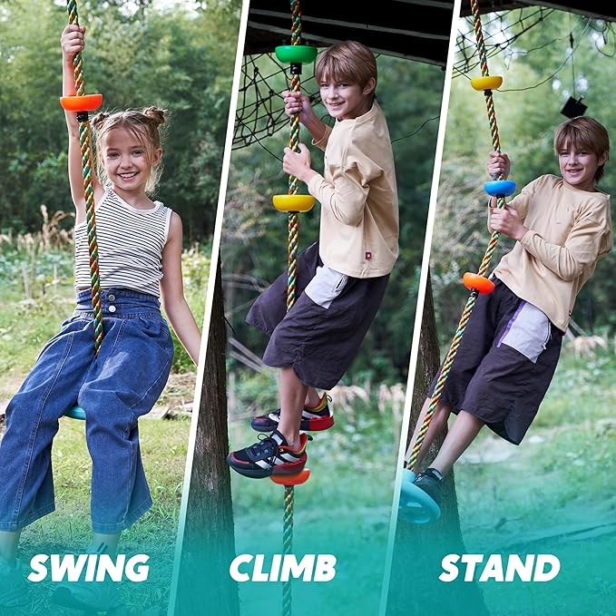 TURFEE Tree Swing for Kids -Blue Climbing Rope Tree with Platforms and Disc Seat Single Disc Seat and Climbing Rope Set w/Carabiner & 4 Ft Strap - Treehouse and Outdoor Playground -Blue