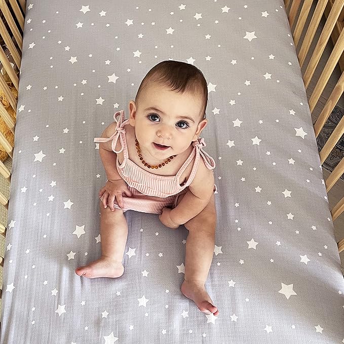 Newton Baby Fitted Dual Layer Crib Sheet (2-Pack) - Ultra Breathable and Soft, Organic Gauze, Fits All Standard Cribs, Stardust Grey & Plain White