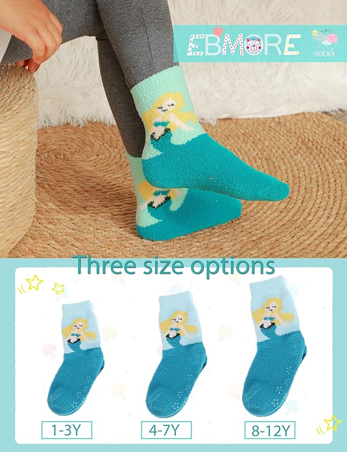 EBMORE Girls Kids Toddler Fuzzy Socks with Grips Non Slip Slipper Socks Crew Cabin Cozy Fluffy Warm Winter Socks 6 Pairs