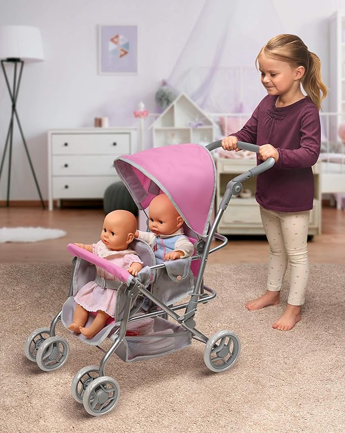Badger Basket Double Doll Stroller - Pram for Baby Doll with Adjustable Seats & Storage Basket - Fits Doll Up to 20 Inches - Best for Toddler and Kid Pretend Play Ages 3 and Up - Pink/Grey
