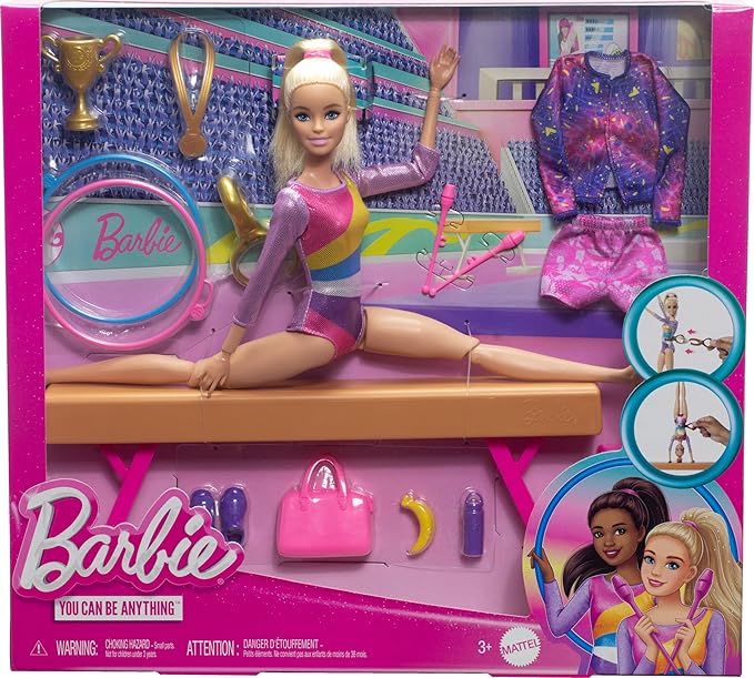 Barbie Gymnastics Doll & Accessories, Playset with Blonde Fashion Doll, C-Clip for Flipping Action, Balance Beam, Warm-Up Suit & More