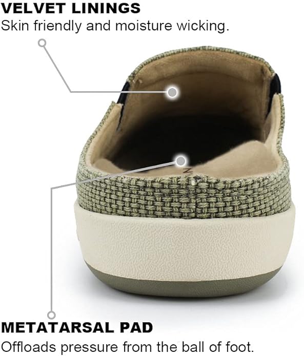 Mens Slippers with Arch Support, Canvas House Slipper for Men with Velvet Lining, Slip On Clog, Indoor Outdoor House Shoes with Anti-Skid Rubber Sole