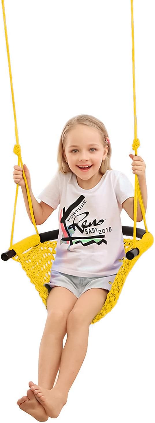 JKsmart Swing Seat for Kids Heavy Duty Rope Play Secure Children Swing Set,Perfect for Indoor,Outdoor,Playground,Home,Tree,with Snap Hooks and Swing Straps,440 lbs Capacity, Yellow