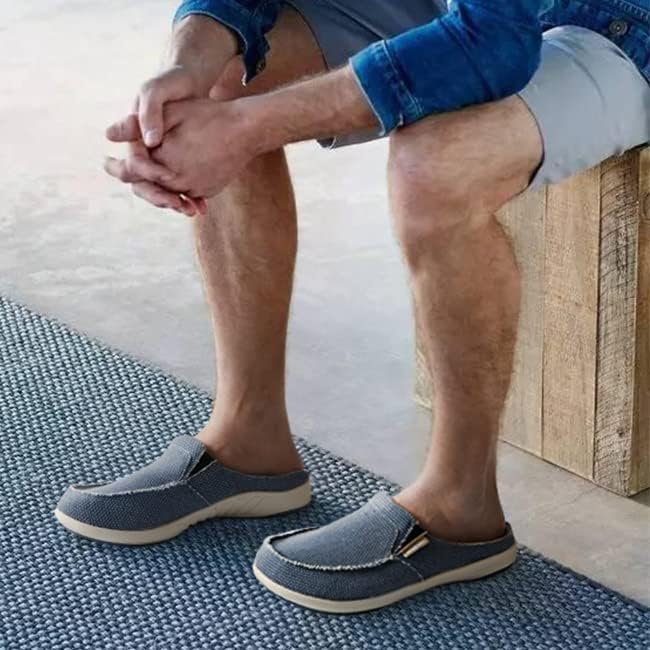 Mens Slippers with Arch Support, Canvas House Slipper for Men with Velvet Lining, Slip On Clog, Indoor Outdoor House Shoes with Anti-Skid Rubber Sole