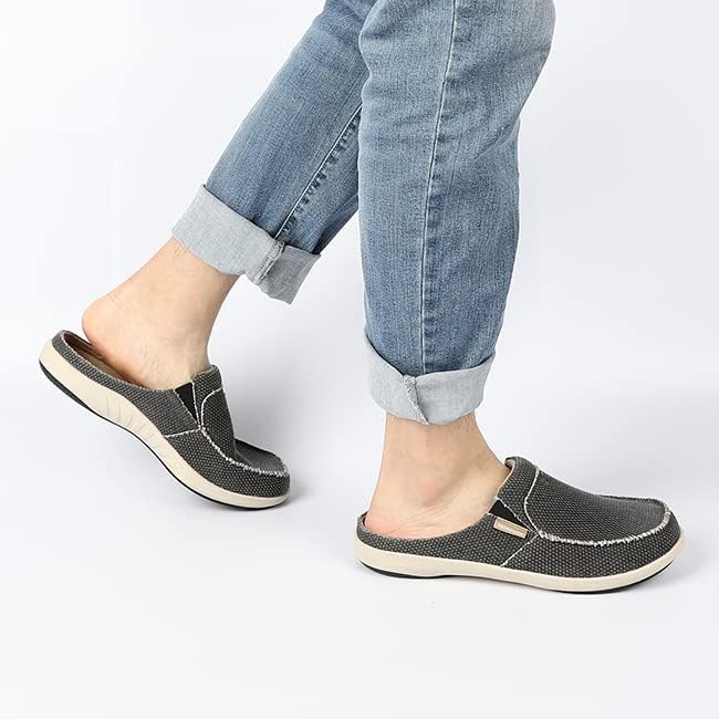 Mens Slippers with Arch Support, Canvas House Slipper for Men with Velvet Lining, Slip On Clog, Indoor Outdoor House Shoes with Anti-Skid Rubber Sole