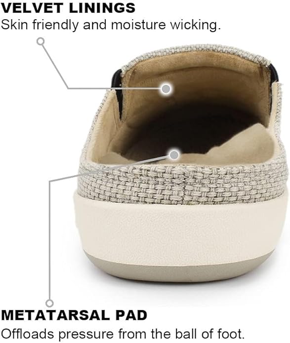 Mens Slippers with Arch Support, Canvas House Slipper for Men with Velvet Lining, Slip On Clog, Indoor Outdoor House Shoes with Anti-Skid Rubber Sole