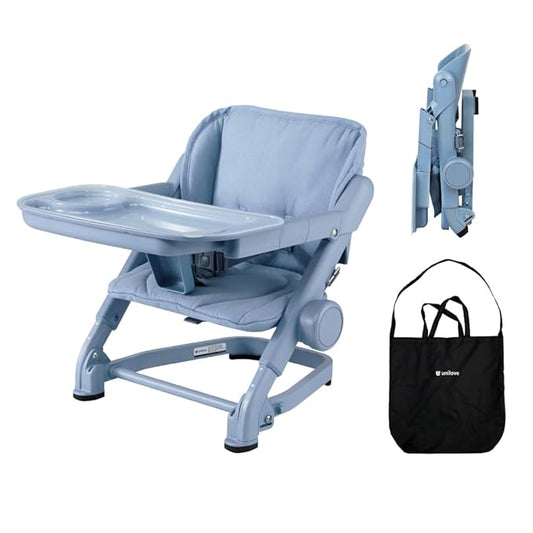 Feed Me 3-in-1 Travel High Chair Booster Seat for Infants and Toddlers - Transitional, Compact & Fits Any Chair, Swivel Tray, Airy Blue