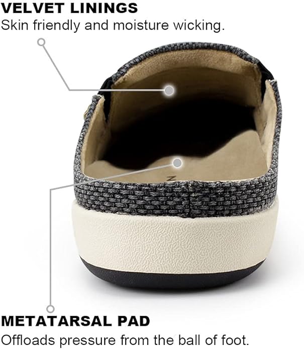 Mens Slippers with Arch Support, Canvas House Slipper for Men with Velvet Lining, Slip On Clog, Indoor Outdoor House Shoes with Anti-Skid Rubber Sole