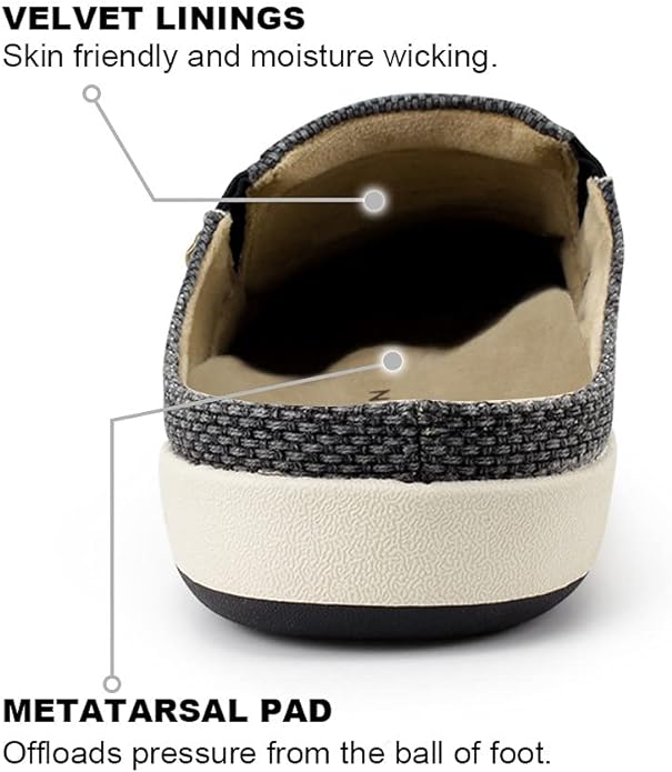 Mens Slippers with Arch Support, Canvas House Slipper for Men with Velvet Lining, Slip On Clog, Indoor Outdoor House Shoes with Anti-Skid Rubber Sole