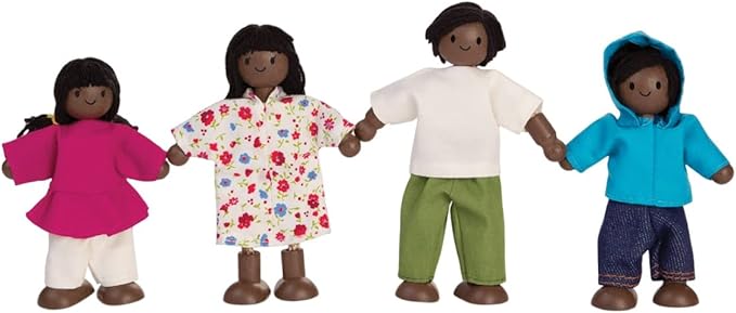 PlanToys® Wooden Dollhouse Family Set – Dark Skin Tone | 4 Poseable 1:12 Scale Doll House People | Montessori Pretend Play Figurines | Eco-Friendly Sustainable Wooden Toy for Kids