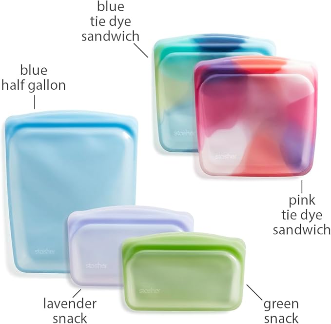 Stasher Premium Silicone Reusable Food Storage Bags, 5-Pack, Tie Dye Multi, Multi-Use Food Storage Bags, Lunch Bag, Travel Containers, BPA Free, Leak-free, Dishwasher-Safe, Eco-friendly