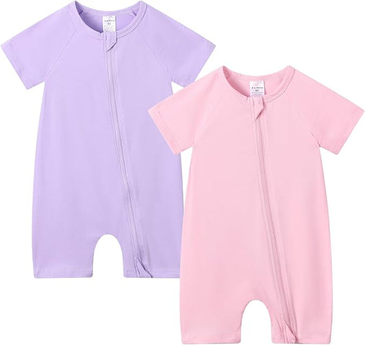 JunNeng 2 Pack Footless Long/Short Sleeve Baby Romper with Zipper Cotton Infant Sleepwear